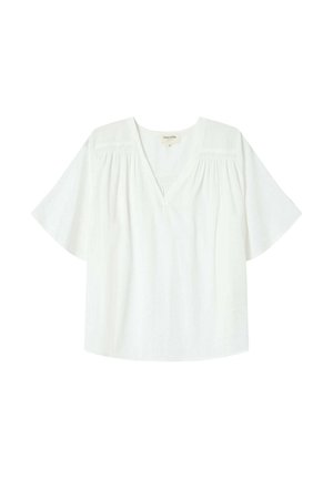 Blouse blanche à manches courtes avec un col en V, présentant des détails froncés aux épaules. Fabriquée en tissu léger et doux.