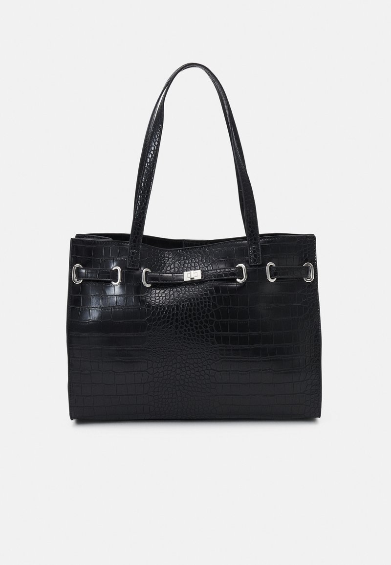 Black crocodile-textured handbag with long handles and a silver-tone clasp and buckle detail on the front.