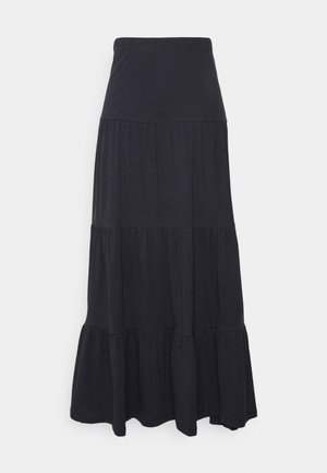 Jupe maxi noire en tissu extensible, avec un design à fronces et un ourlet volanté, ainsi qu'une taille élastique pour un confort optimal.
