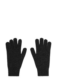 Guantes tejidos de color gris oscuro con puño acanalado, que cuentan con cinco dedos separados y una textura suave, adecuados para usar en clima frío.