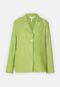 Lime green, textured blazer with a notch collar, two front pockets, and two button closures. Made from lightweight fabric.