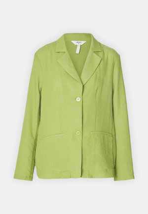 Lime green, textured blazer with a notch collar, two front pockets, and two button closures. Made from lightweight fabric.