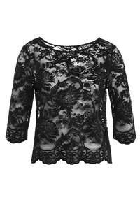 Top in pizzo nero con maniche a tre quarti, motivo floreale, orlo scallop e design a girocollo, caratterizzato da materiale trasparente e testurizzato.