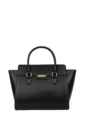 Sac à main en cuir noir avec deux poignées supérieures, accents en doré, forme triangulaire structurée et finition saffiano texturée.