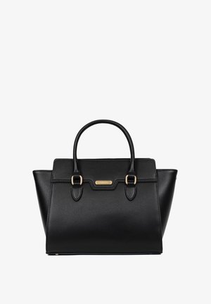 Schwarze Lederhandtasche mit doppelten Obergriffen, goldenen Hardware-Elementen, strukturiertem dreieckigen Design und texturiertem Saffiano-Finish.