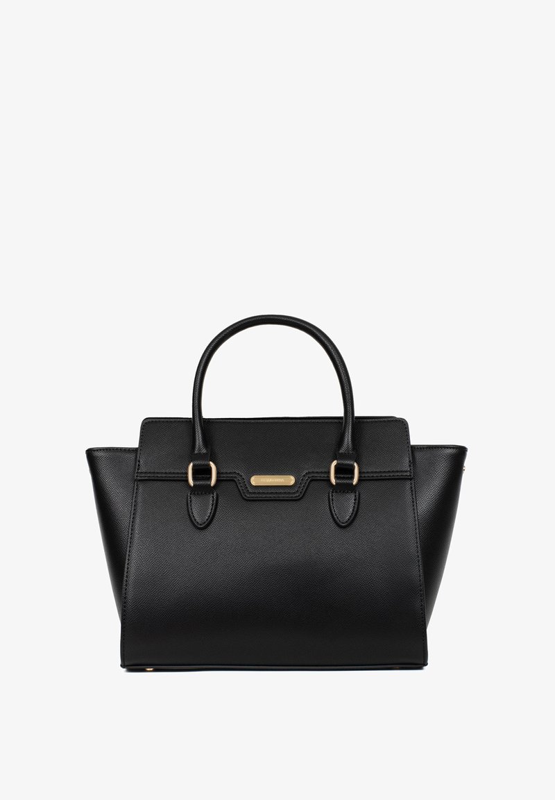 Zwart leren handtas met dubbele handgrepen, accenten van goudkleurig beslag, gestructureerde driehoekige vorm en een textuur van saffiano.