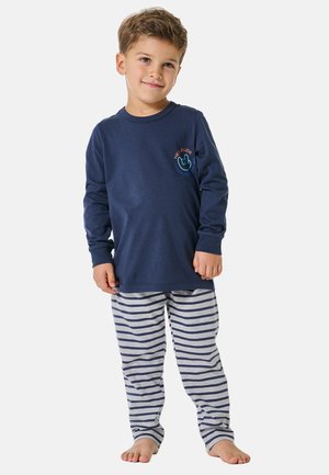 Dunkelblaues Langarmshirt mit Grafikdruck auf der Brust und grauen gestreiften Schlafanzughosen. Hergestellt aus weichem Baumwollstoff, lockere Passform und keine sichtbaren Verzierungen.