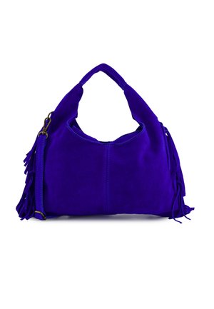 Blaue Wildleder-Handtasche mit einem einzelnen oberen Griff, seitlichen Fransen und einem verstellbaren Schulterriemen mit Messingbeschlägen.