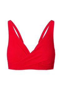 Červený bikiny top s textúrovanou látkou, dizajnom do V a nastaviteľnými štíhlymi ramienkami. Obsahuje prednú časť v štýle obalu pre zvýšenú oporu.