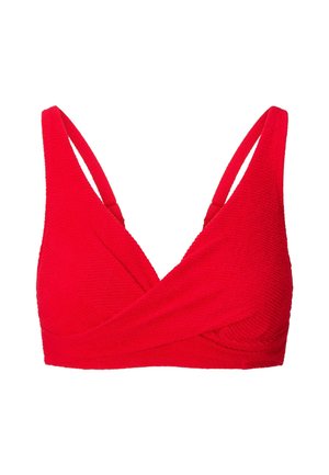 Červený bikiny top s texturovanou tkaninou, designem do V a nastavitelnými úzkými ramínky. Obsahuje přední část ve stylu zábalu pro lepší podporu.