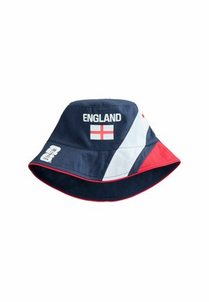 Marineblauer Bucket Hat mit roten und weißen Akzenten, dem Schriftzug "ENGLAND", der Flagge des Heiligen Georgs-Kreuzes und dem Logo des FIFA-Weltmeisterschaftspokals an der Seite.