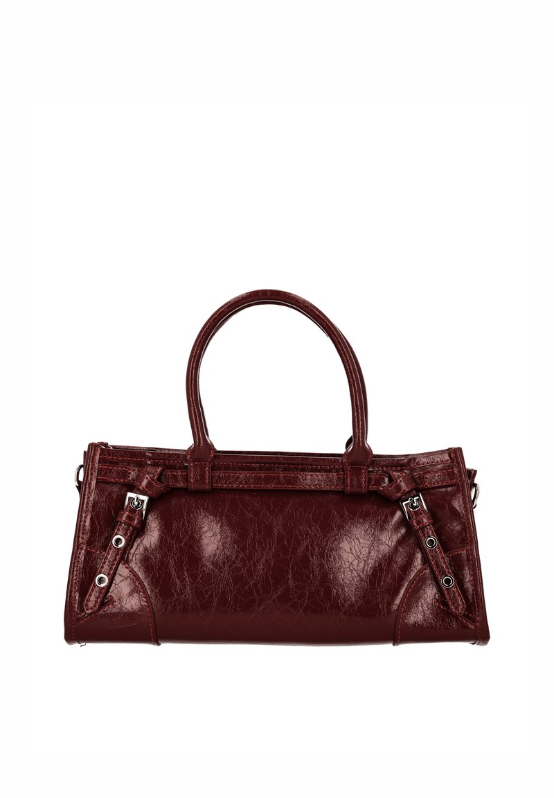 Borsa a mano in pelle bordeaux con texture liscia, forma strutturata, doppi manici e dettagli in metallo argentato. Presenta cuciture decorative.