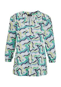 Mehrfarbige Bluse mit Dreiviertelärmeln. Mit einem geometrischen Muster in Grün, Blau und Schwarz auf einem weißen Hintergrund, mit V-Ausschnitt.