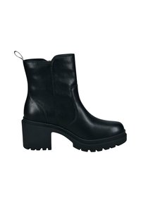 Czarne skórzane botki za kostkę na masywnej podeszwie, o zaokrąglonym nosku i elastycznych panelach po bokach; posiadają pętelkę z tyłu oraz fakturowaną podeszwę.