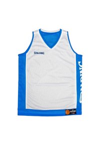 Maillot de basket-ball blanc avec des accents bleus, présentant un col en V, un tissu en mesh et un grand logo "SPALDING". Inclut une étiquette de taille.