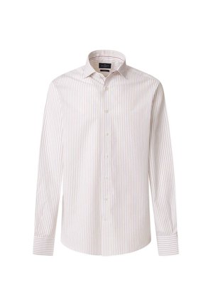 Košulja dugih rukava od bijelog pamuka s uskim vertikalnim prugama svijetlo ružičaste boje. Ima ovratnik, dugih rukava i dugmad uz prednju stranu.