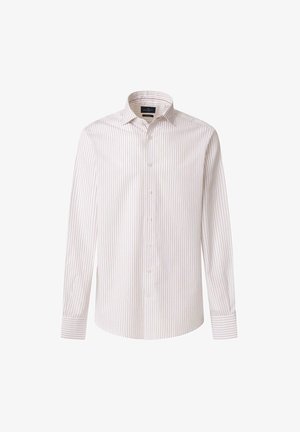 Camicia button-up in cotone bianco con sottili righe verticali rosa chiaro. Presenta un colletto, maniche lunghe e chiusure a bottoni sul davanti.