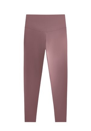 Visoko pasovi, tesno prilagojeni legingi v zatišani mauve barvi, narejeni iz gladkega, raztegljivega materiala. Brezšivna zasnova brez vidnih komponent.