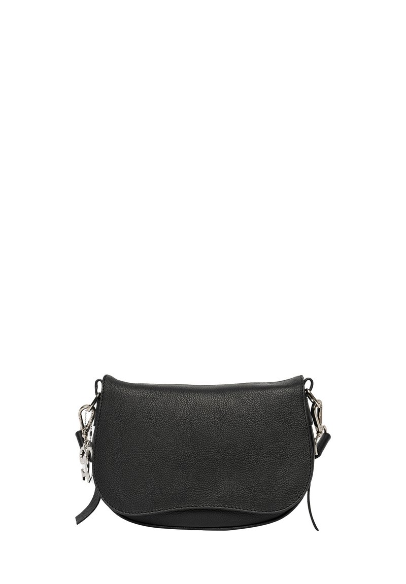 Borsa a tracolla in pelle nera con forma curva, superficie texture e dettagli in metallo argentato. Include una tracolla rimovibile.