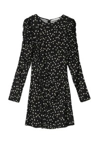 Zwarte jurk met lange mouwen, gathering bij de pofschouders, wit abstract bloemmotief en geplooide details aan de voorkant en zijkanten.