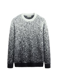 Pull en peluche avec un dégradé allant du blanc au noir, col rond et poignets et ourlet côtelés. Texture douce avec un motif subtil.