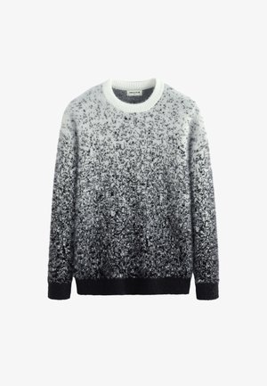 Pull en peluche avec un dégradé allant du blanc au noir, col rond et poignets et ourlet côtelés. Texture douce avec un motif subtil.