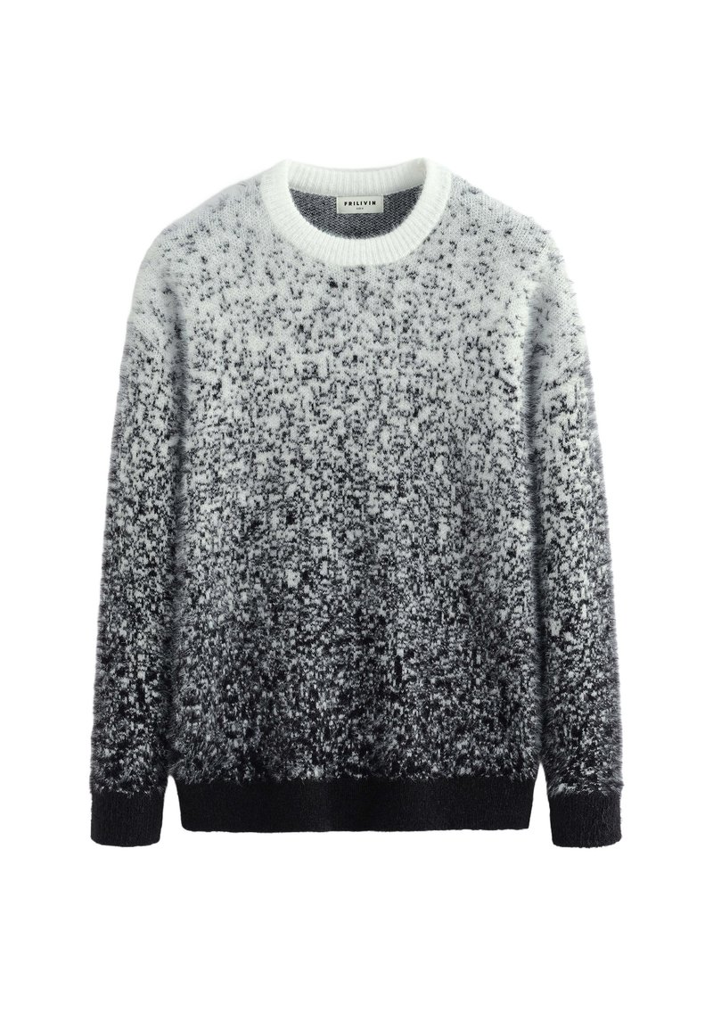 Pull en peluche avec un dégradé allant du blanc au noir, col rond et poignets et ourlet côtelés. Texture douce avec un motif subtil.
