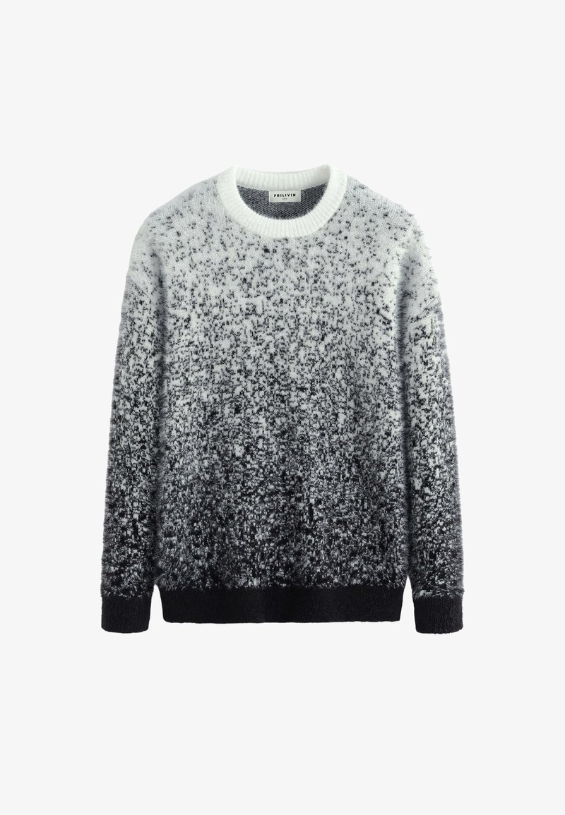 Pull en peluche avec un dégradé allant du blanc au noir, col rond et poignets et ourlet côtelés. Texture douce avec un motif subtil.