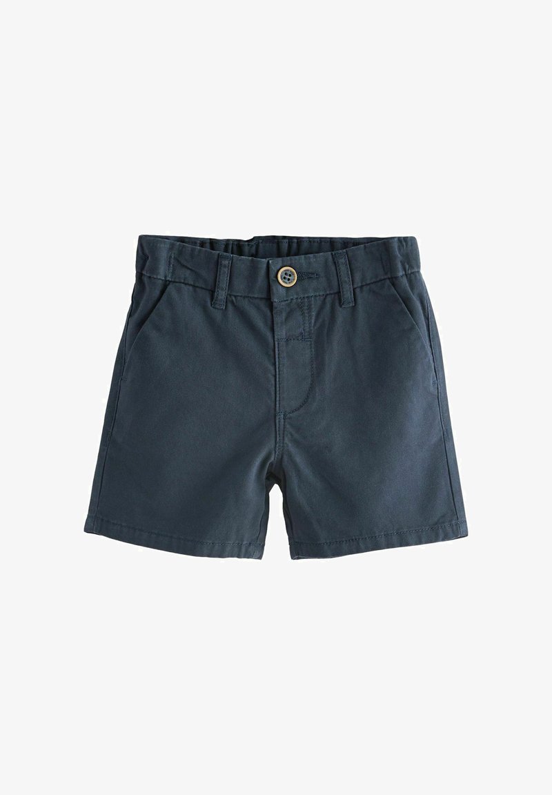 Shorts en coton bleu marine avec fermeture à bouton, poches avant et coupe droite. Texture lisse avec des détails cousus.