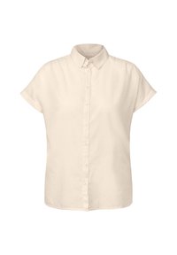 Knoopshirt in een lichte beige kleur, korte mouwen, kraag en een gladde, lichte stof. Heeft knopen aan de voorkant en een ontspannen pasvorm.