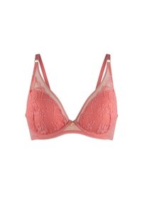 Koralen kant beha met doorschijnende meshpanelen, driehoekige cups, verstelbare bandjes en een kleine decoratieve parelaccent in het midden.