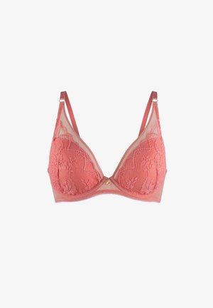 Coral lace bra with sheer mesh panels, triangular cups, adjustable straps, and a small decorative pearl accent at the center.