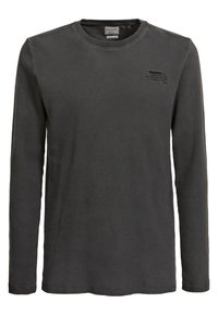 Longsleeve, ciemnoszary t-shirt wykonany z teksturowanej tkaniny, z okrągłym dekoltem i haftowanym logo na lewej piersi.