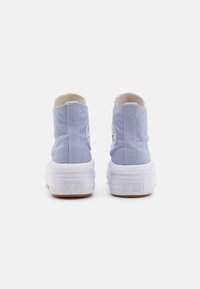 Zapatillas altas de lona azul claro con suelas de goma blanca y un parche de logo circular en el lado exterior, con tejido texturizado y detalles de costura.