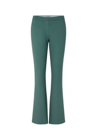 Pantalon évasé vert sarcelle, fabriqué en tissu lisse. Il présente une taille haute et un design épuré sans attaches visibles ni motifs.