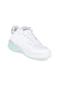 White sneaker with synthetic upper, perforated toe, and light blue translucent sole. Features branding on tongue and patterned accents on heel.
