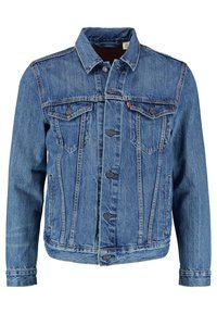 Modrá džínsová bunda s klasickým střihem, obsahující zapínání na knoflíky vpředu, dvě náprsní kapsy a ohrnuté manžety. Mírně vybledlá textura.