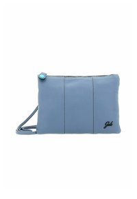 Borsa a tracolla in pelle blu chiaro con superficie texturizzata, chiusura con zip e tracolla regolabile. Presenta il logo nero nell'angolo in basso a destra.