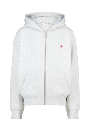 Lichtgrijze zip-up hoodie van zachte fleece, met een voorzak, in kangaroo-stijl, en een klein rood logo op de linkerborst.