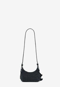 Dark denim shoulder bag with a curved shape, adjustable strap, textured surface, and distinctive fabric accents on the sides.