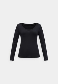 Μαύρο, γυναικείο εφαρμοστό τοπ με μακριά μανίκια και στρογγυλή λαιμόκοψη, από ύφασμα με ελαφρώς ανάγλυφη υφή, παρουσιάζεται σε απλό ανοιχτό φόντο.