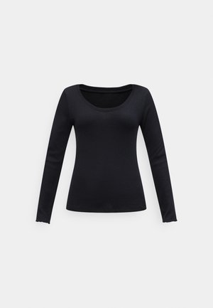 Bluza neagră pentru femei, cu mâneci lungi, croială strâmtă, decolteu rotund și material ușor texturat, afișată pe un fundal simplu și deschis.