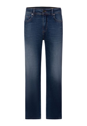 Dunkelblaue Jeans mit geradem Bein, Fronttaschen, Knopfverschluss, Gürtelschlaufen und dezentem Verblassen an Oberschenkeln und Knien.