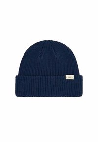 Bonnet en tricot bleu marine avec une texture côtelée et un revers replié ; comporte une petite étiquette rectangulaire avec le nom de marque "PULLIN" en blanc.