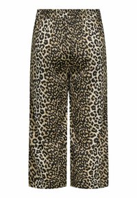 Culottes à imprimé léopard présentant une coupe décontractée, une taille élastique et un tissu lisse et léger avec un mélange de couleurs beige, noir et crème.