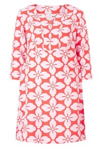 Helle korallenfarbene Tunika mit einem floralen Muster in Pink. Verfügt über einen runden Ausschnitt, dreiviertellange Ärmel und einen lässigen Schnitt. Aus einem Baumwoll-Mix.