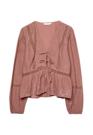 Dusty rose blouse in lightweight fabric, featuring a V-neck, tie front, embroidered floral details, and long sleeves with elastic cuffs.