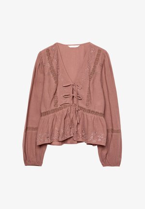 Dusty rose blouse in lightweight fabric, featuring a V-neck, tie front, embroidered floral details, and long sleeves with elastic cuffs.