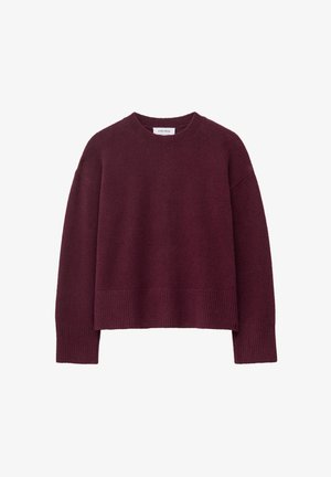 Burgundy knit sweater with a ribbed crew neckline, oversized fit, and wide sleeves, made from a soft, textured fabric.