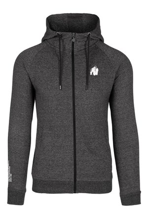 Siva zip-up kapuca z teksturirano tkanino, z zadrgo spredaj, kapuco na vrvico in majhnim belim logotipom na prsih.